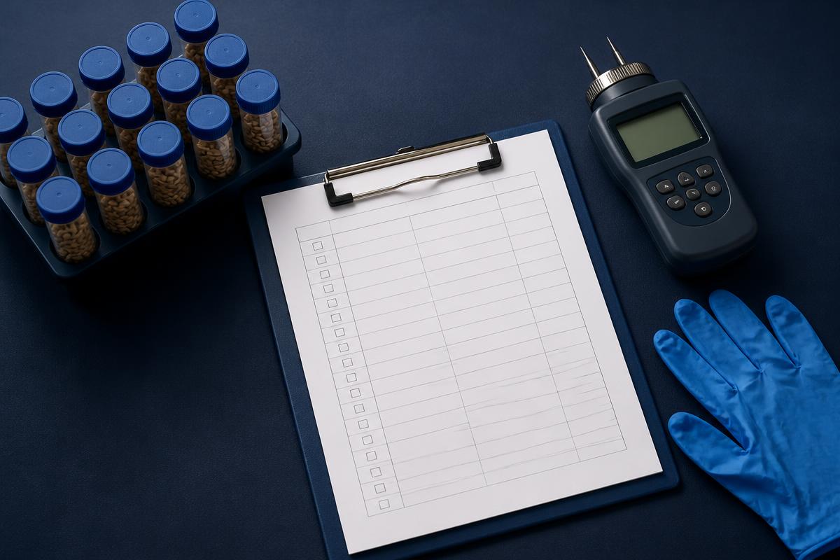 Sampling equipment and a written inspection report laid out on a work surface.