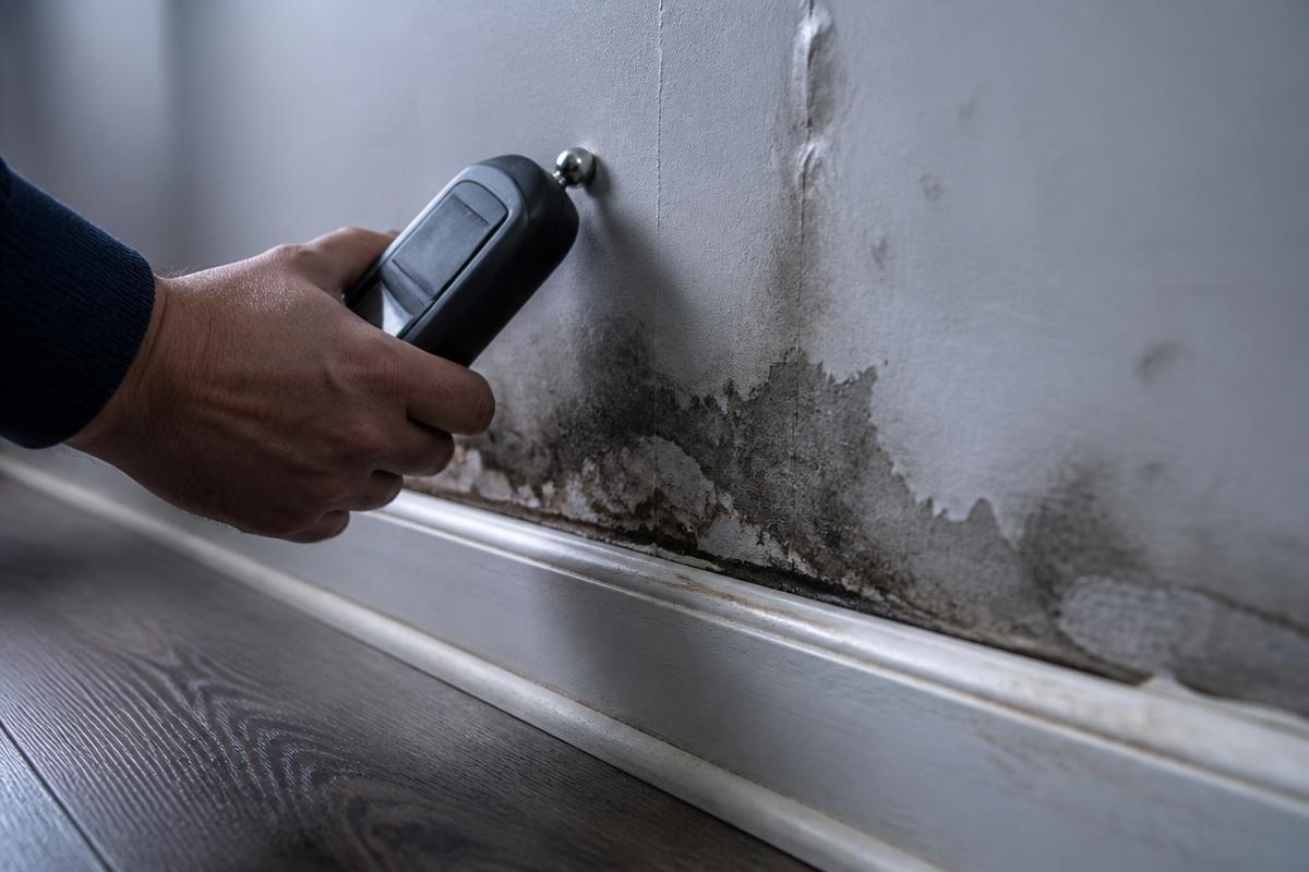 A technician using a moisture meter on water-damaged drywall behind a baseboard.